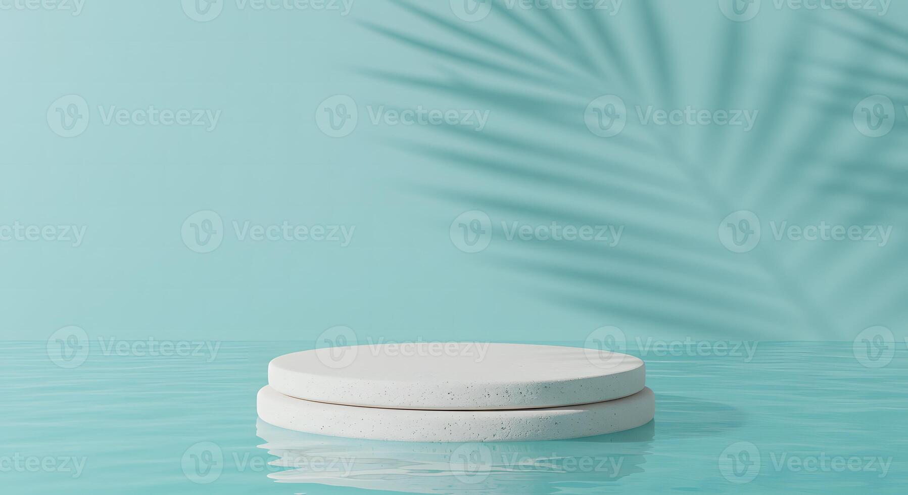 Minimalist white stone podium floating on rippling turquoise water with palm leaf shadow photo