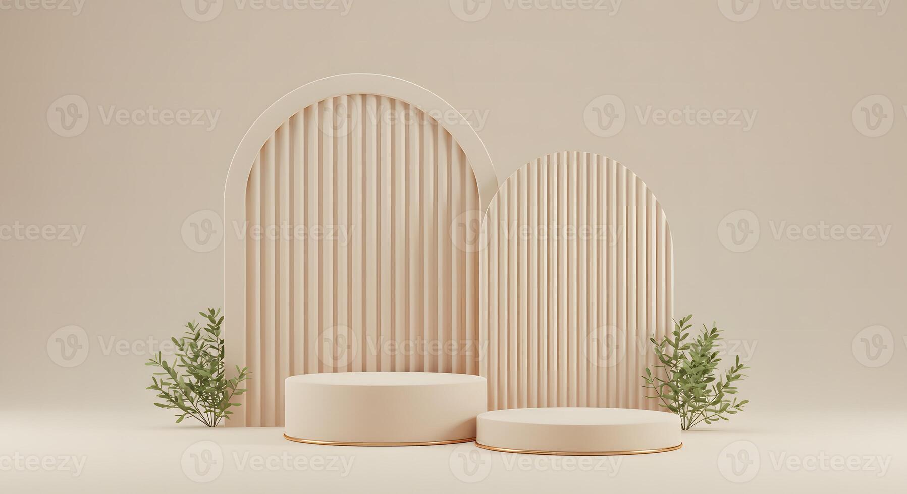 Minimalist beige podiums with arched ribbed backdrops and green foliage for product display photo