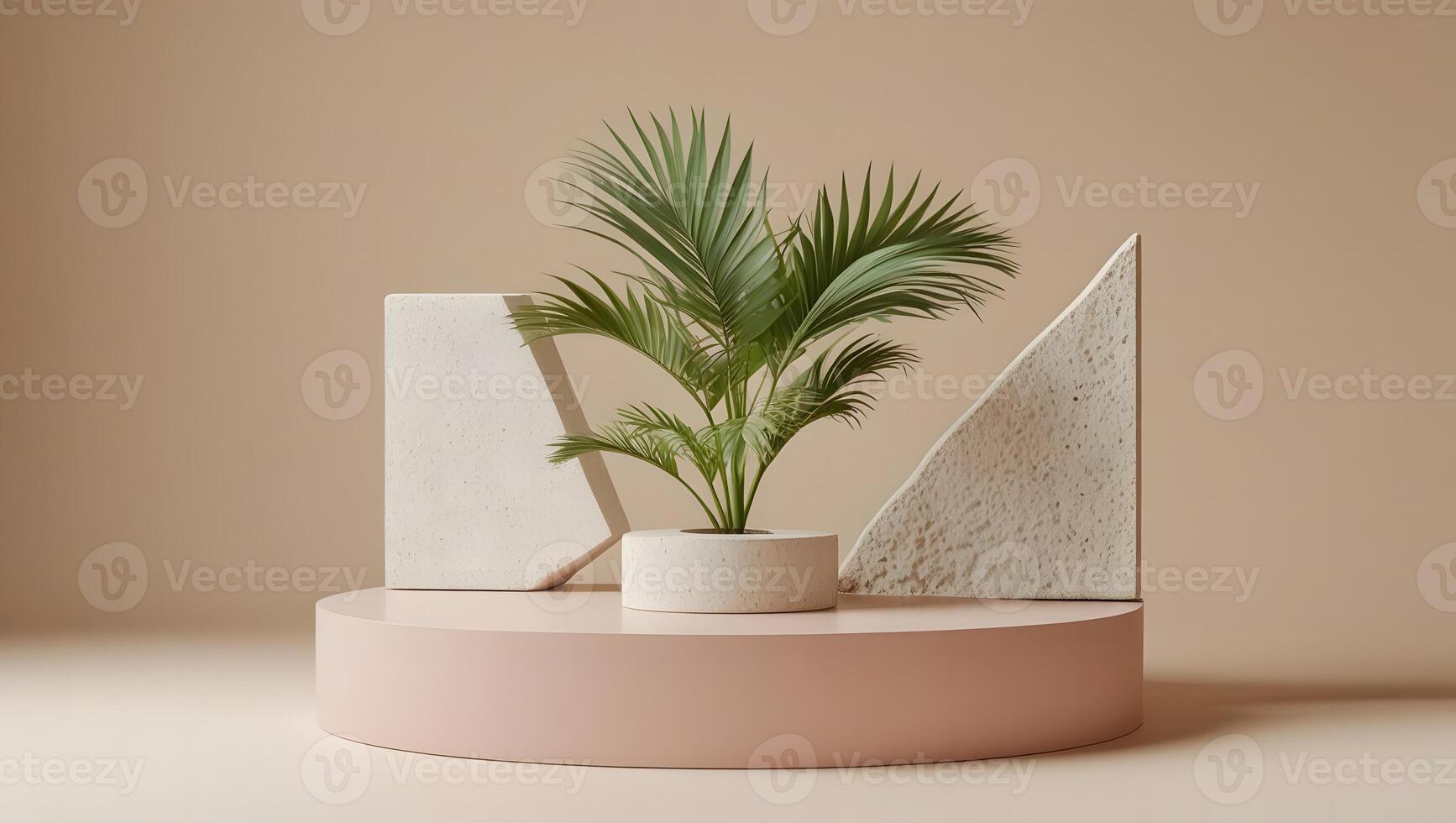 Minimalist scene with a potted palm plant and geometric shapes on a pastel podium photo
