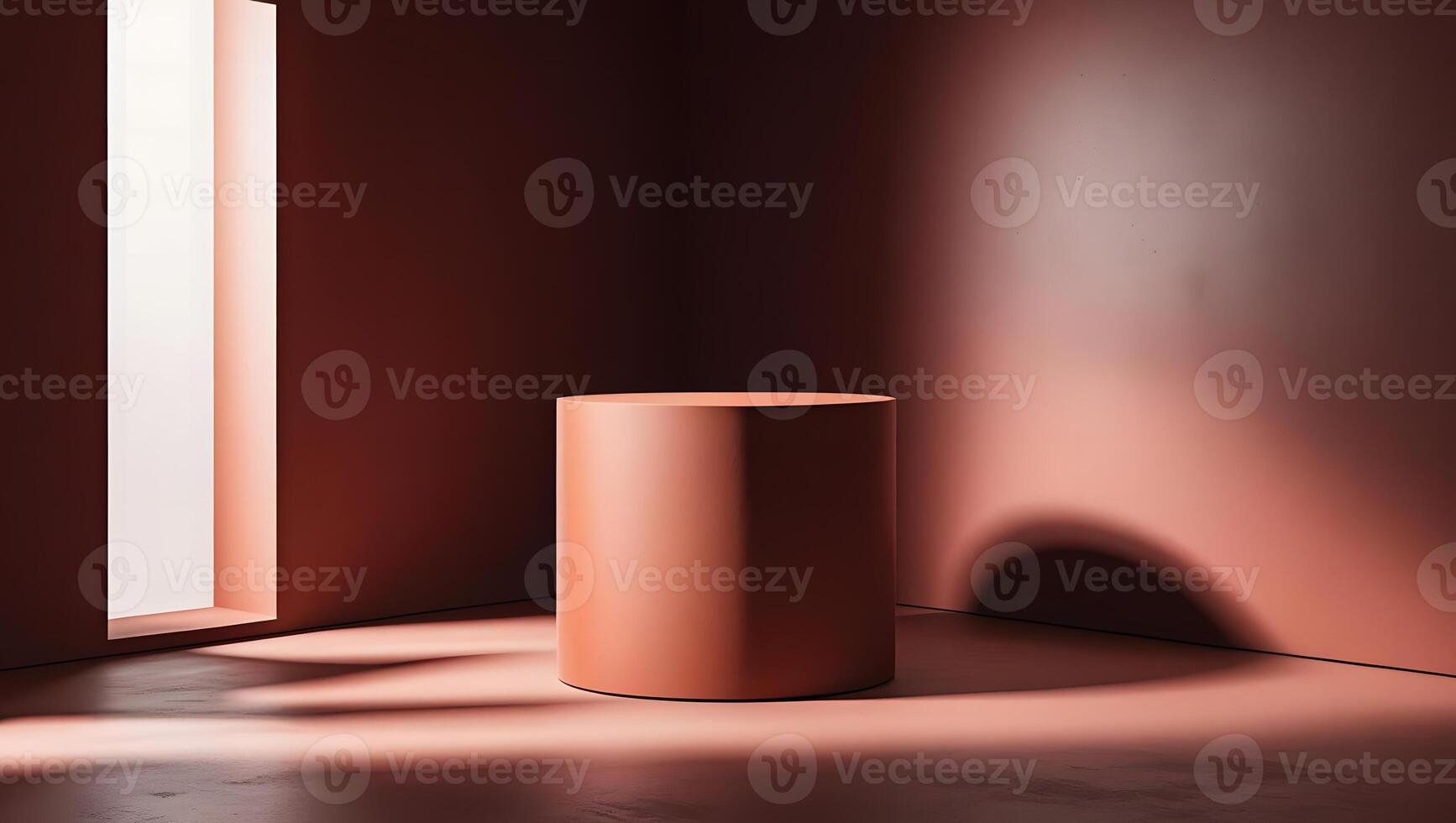 Minimalist pedestal with dramatic light and shadow in a warm toned studio setting photo
