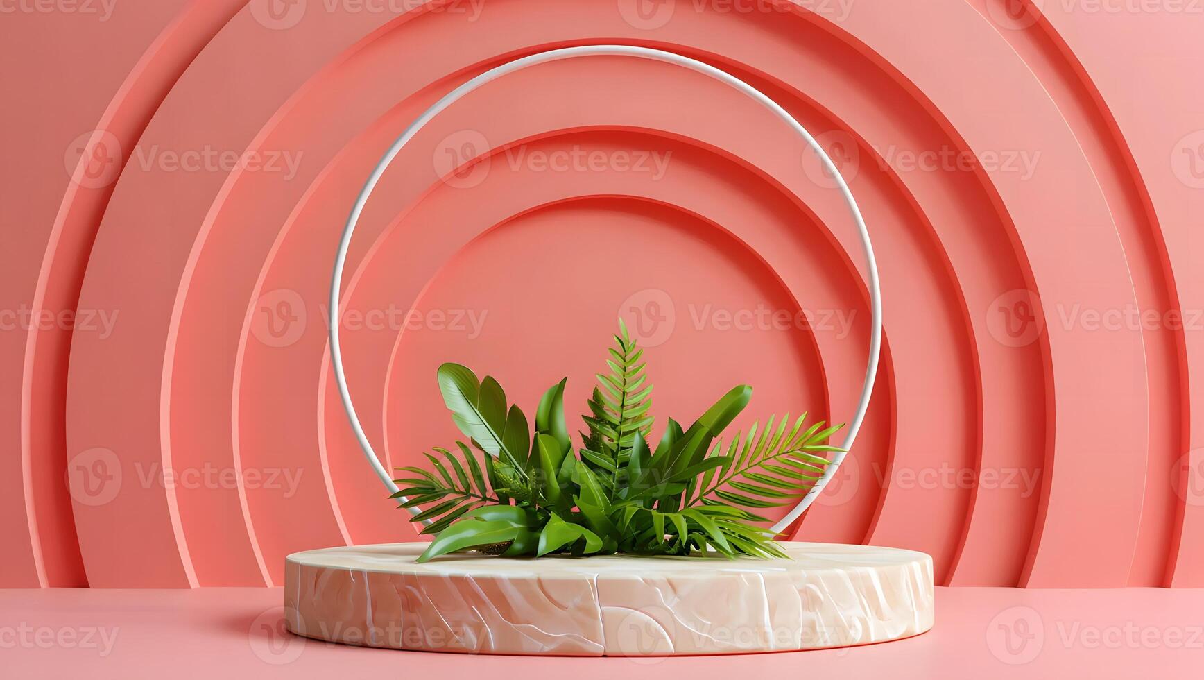 Minimalist scene with marble pedestal and lush green foliage against a coral backdrop with concentric circles photo