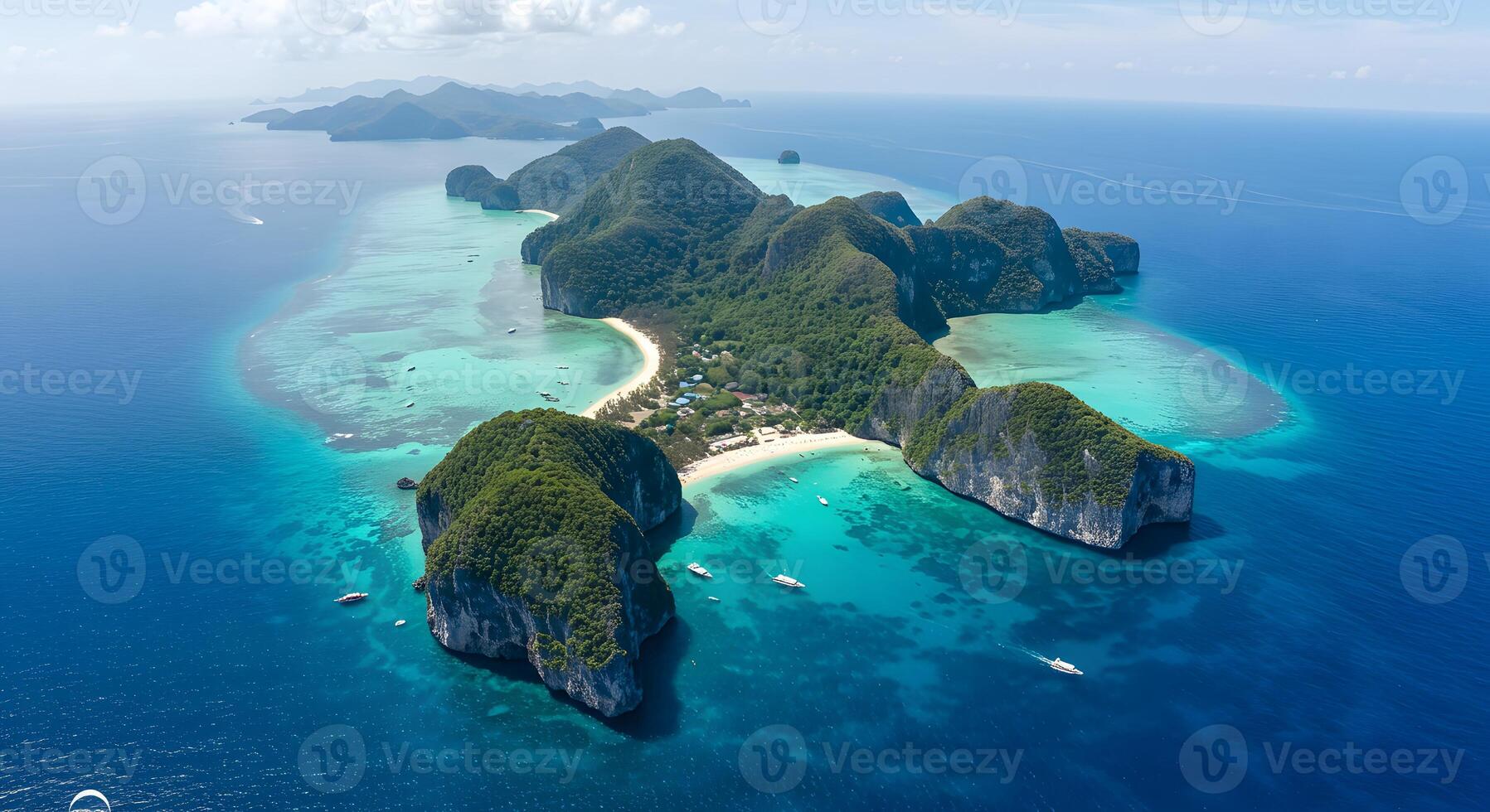 Aerial view of lush green limestone islands with white sand beaches and turquoise waters photo
