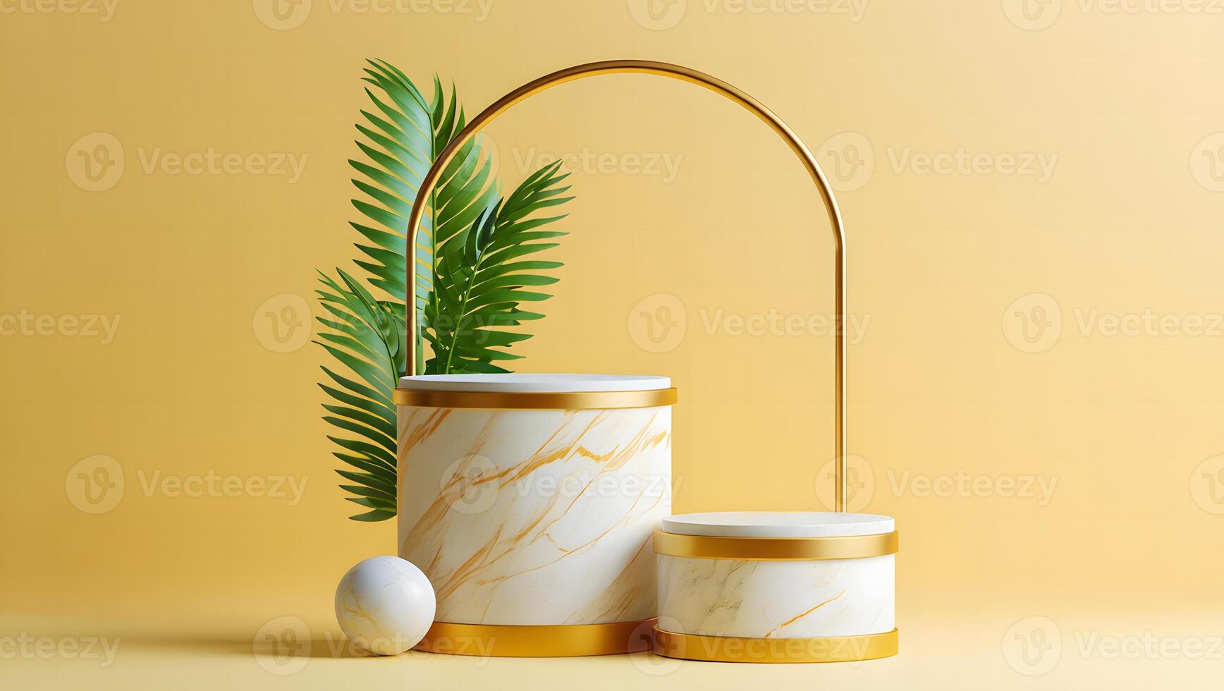 Elegant marble display podiums with gold accents and tropical palm leaves on a soft yellow background photo