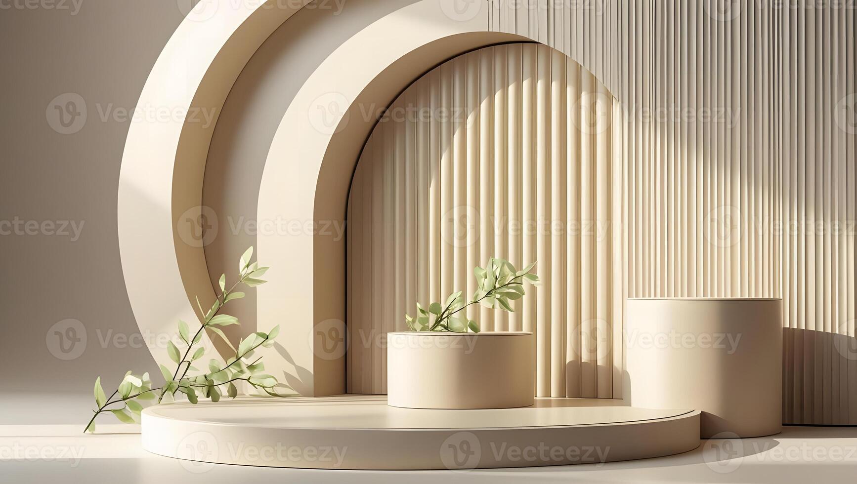 Minimalist beige stage with curved architectural elements and delicate green branches photo