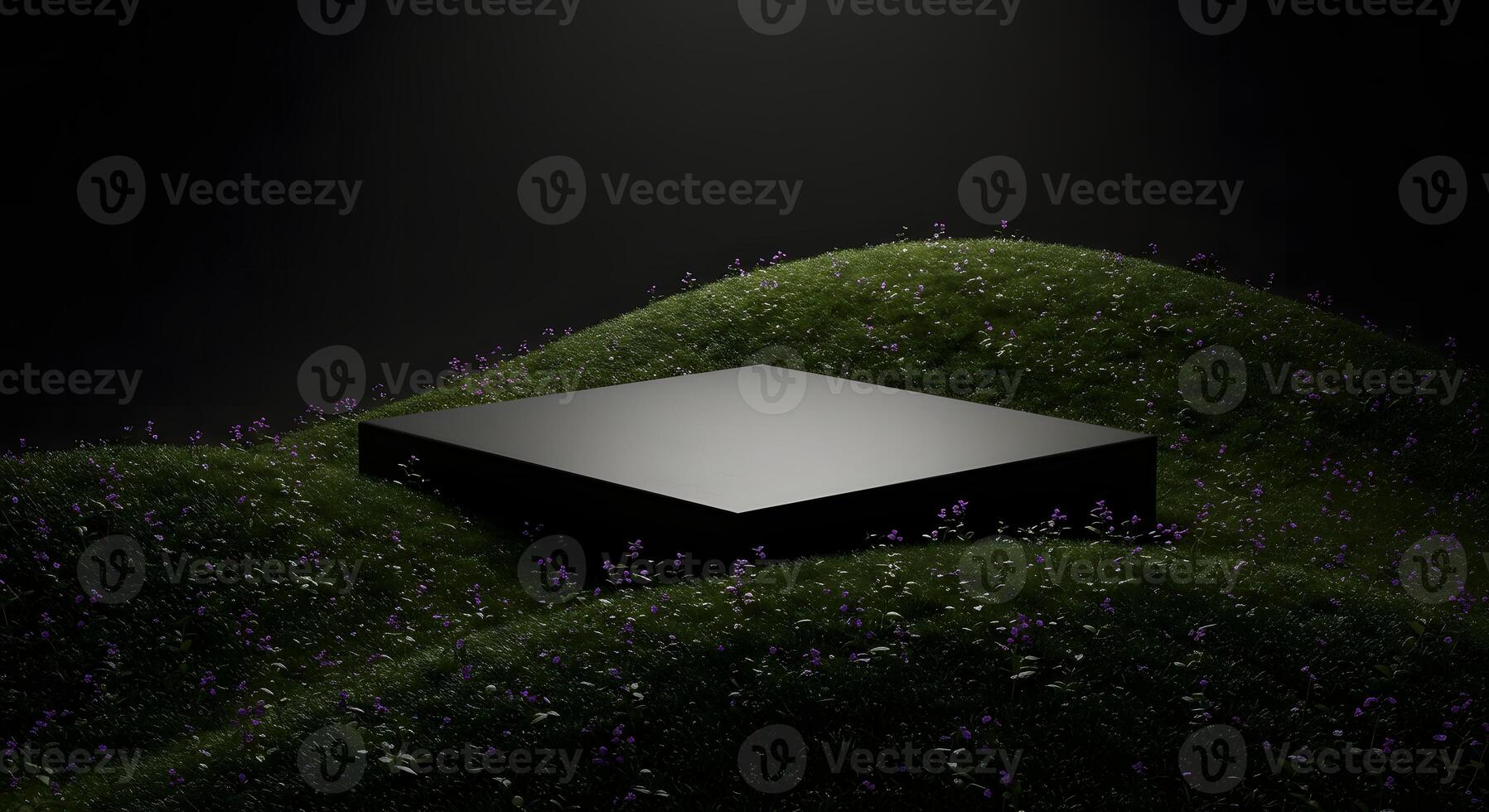A dark square podium sits on a grassy hill dotted with small purple flowers photo