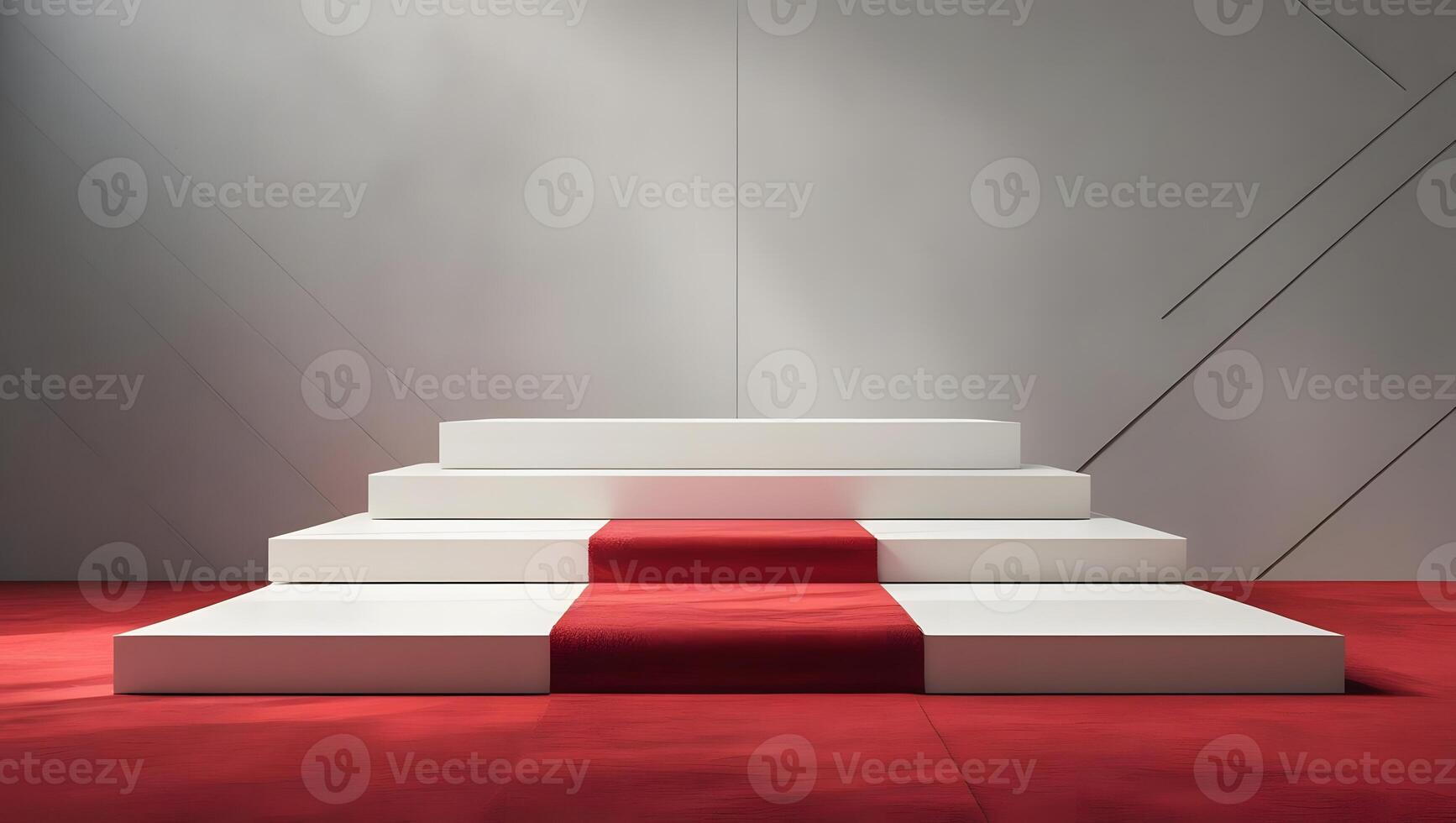 Minimalist stage with white tiered platforms and a red carpet leading to the center photo