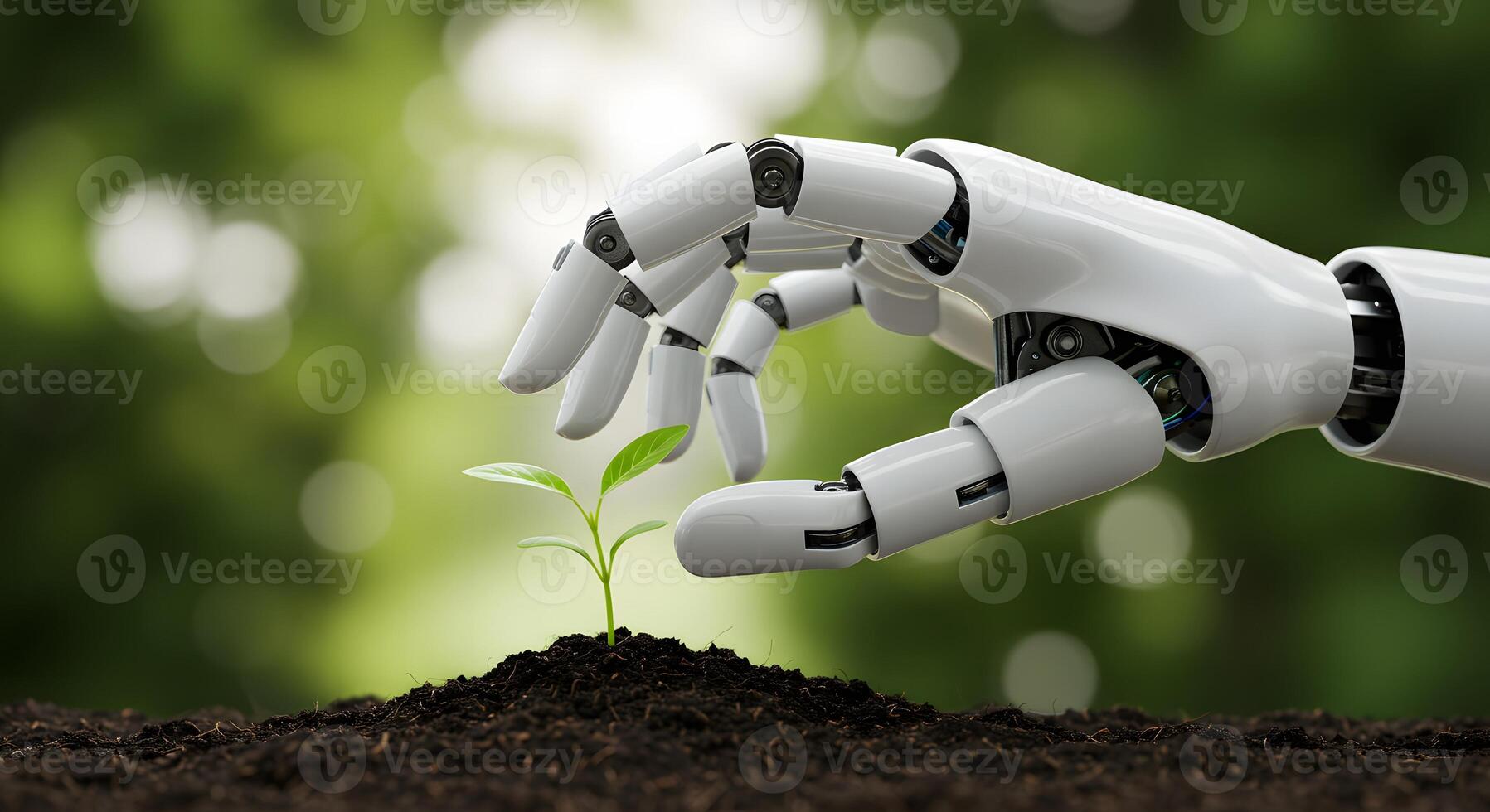 Robotic hand gently touching a small green plant growing in fertile soil with a blurred green background photo