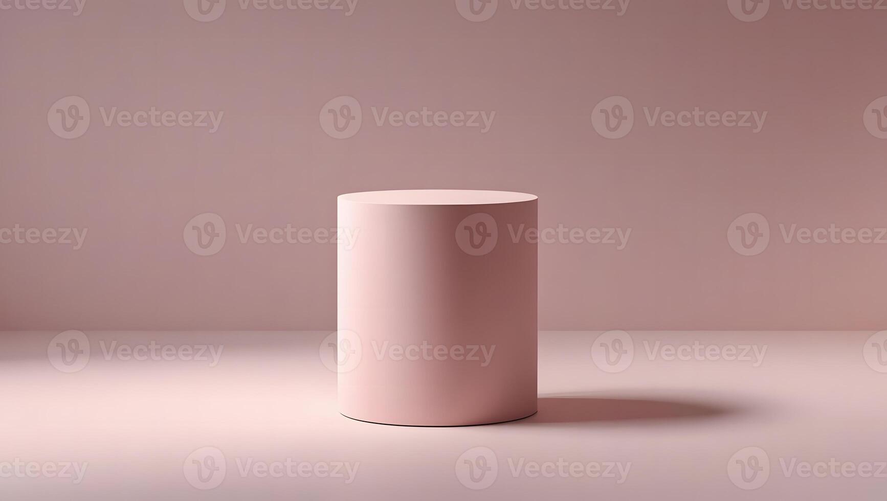 Minimalist pink cylinder podium casting a soft shadow against a muted pink background photo
