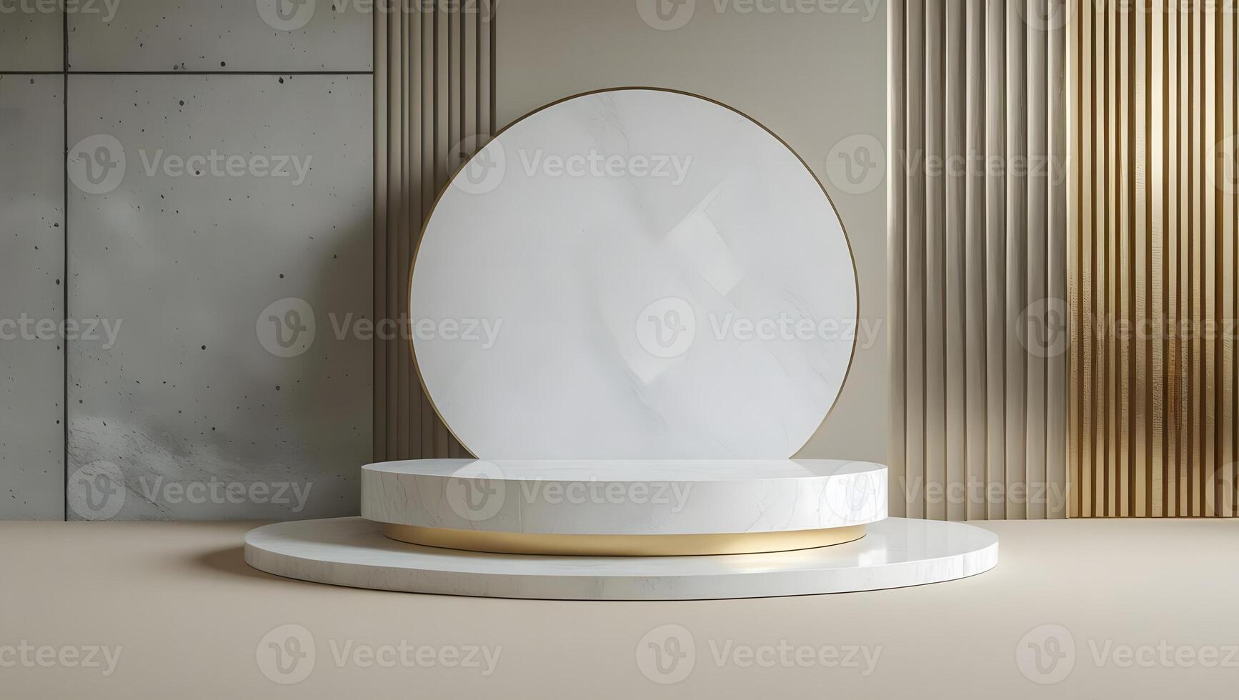 Modern minimalist stage with marble podiums and textured walls for product display photo