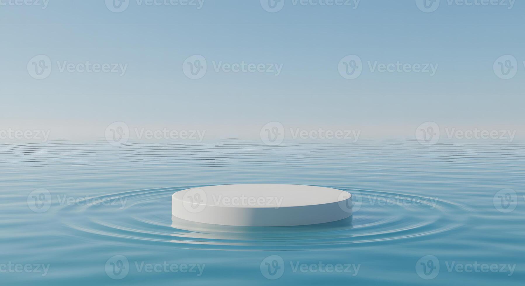Minimalist white podium floating on calm blue water with gentle ripples under a clear sky photo