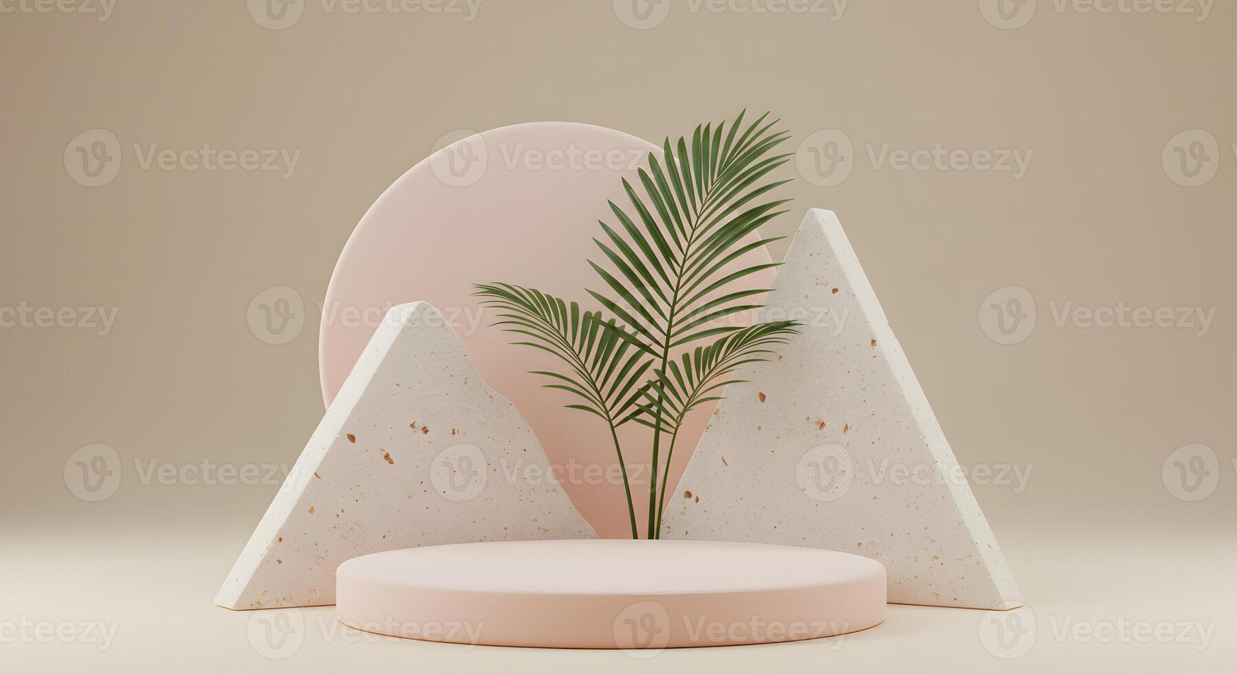 Minimalist geometric display podium with palm leaf and textured stone shapes photo