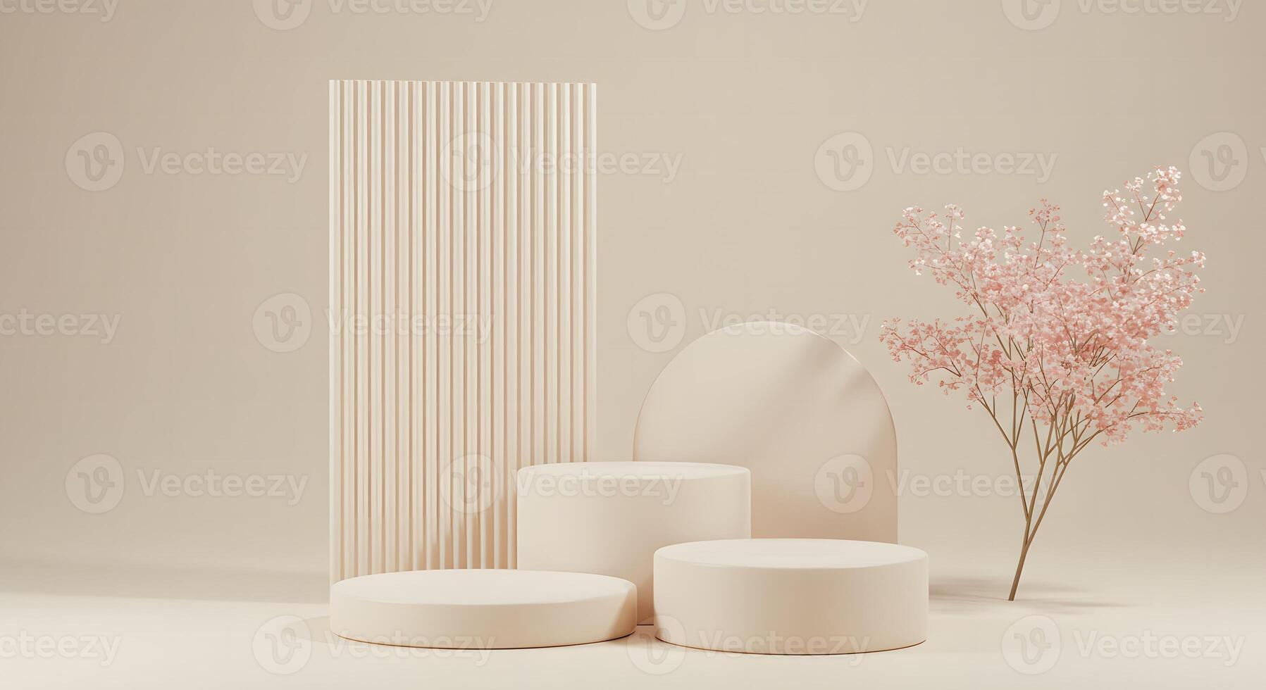 Minimalist scene with cream colored geometric podiums and delicate pink floral branches photo