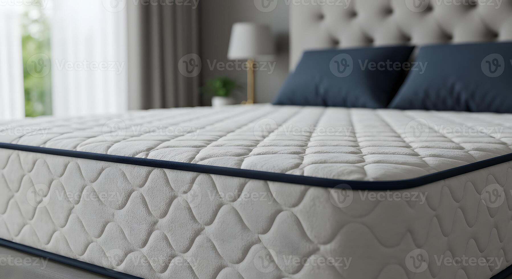 Comfortable quilted mattress with blue trim on a bed with pillows and a headboard photo