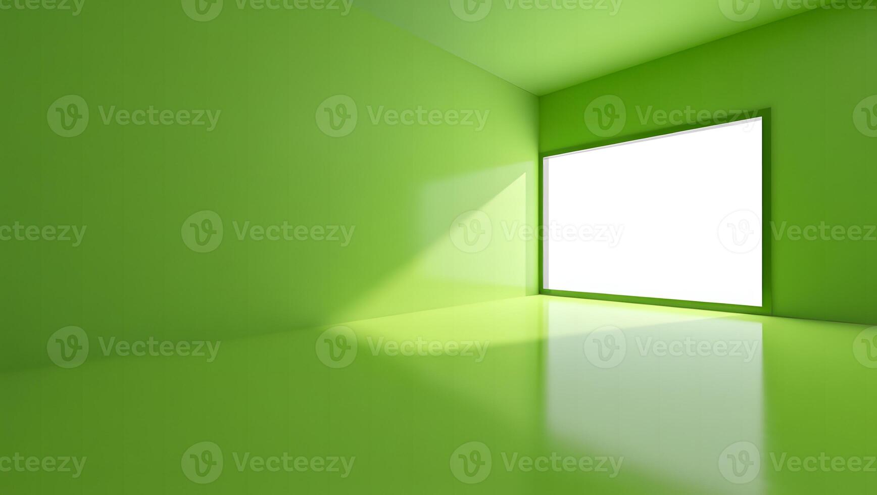 Minimalist green room with a large bright window casting a diagonal shadow on the floor photo