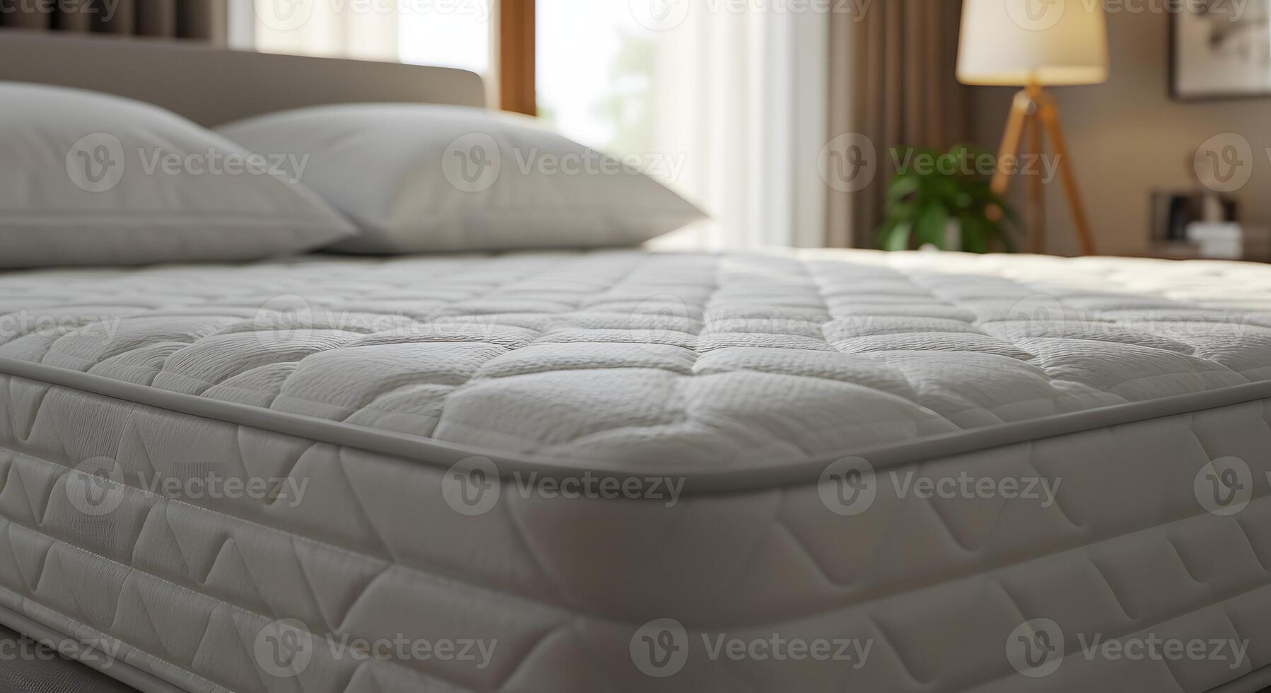 Close up view of a comfortable white quilted mattress with pillows and a blurred bedroom background photo