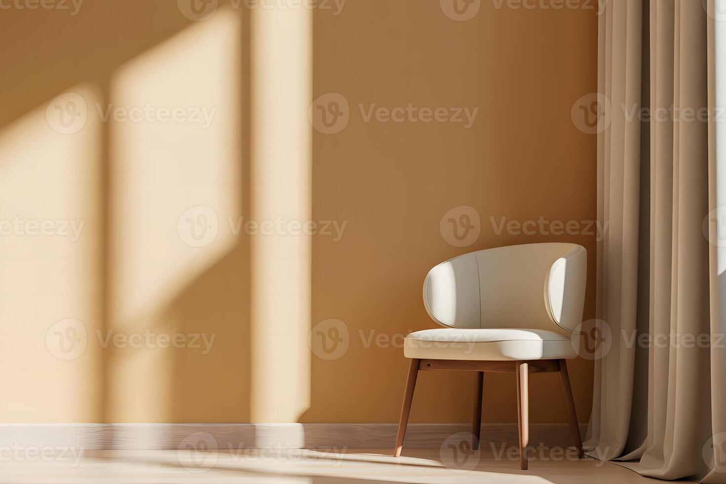 Modern cream armchair bathed in warm sunlight with geometric shadow patterns on a warm ochre wall photo