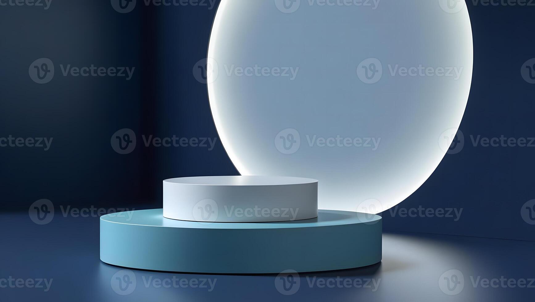 Minimalist scene with two cylindrical pedestals and a glowing oval light in a dark blue studio photo