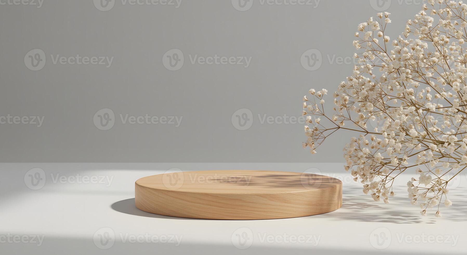 Minimalist wooden podium with delicate dried baby s breath flowers and soft shadows photo
