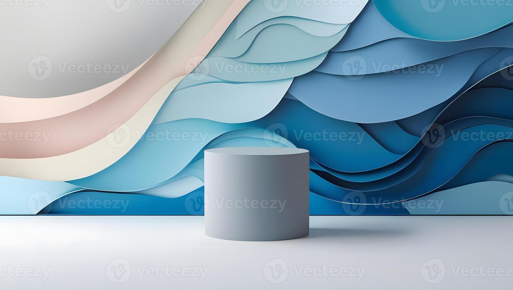 Minimalist studio scene with a grey cylinder pedestal against a backdrop of flowing abstract waves in blue and pastel colors photo