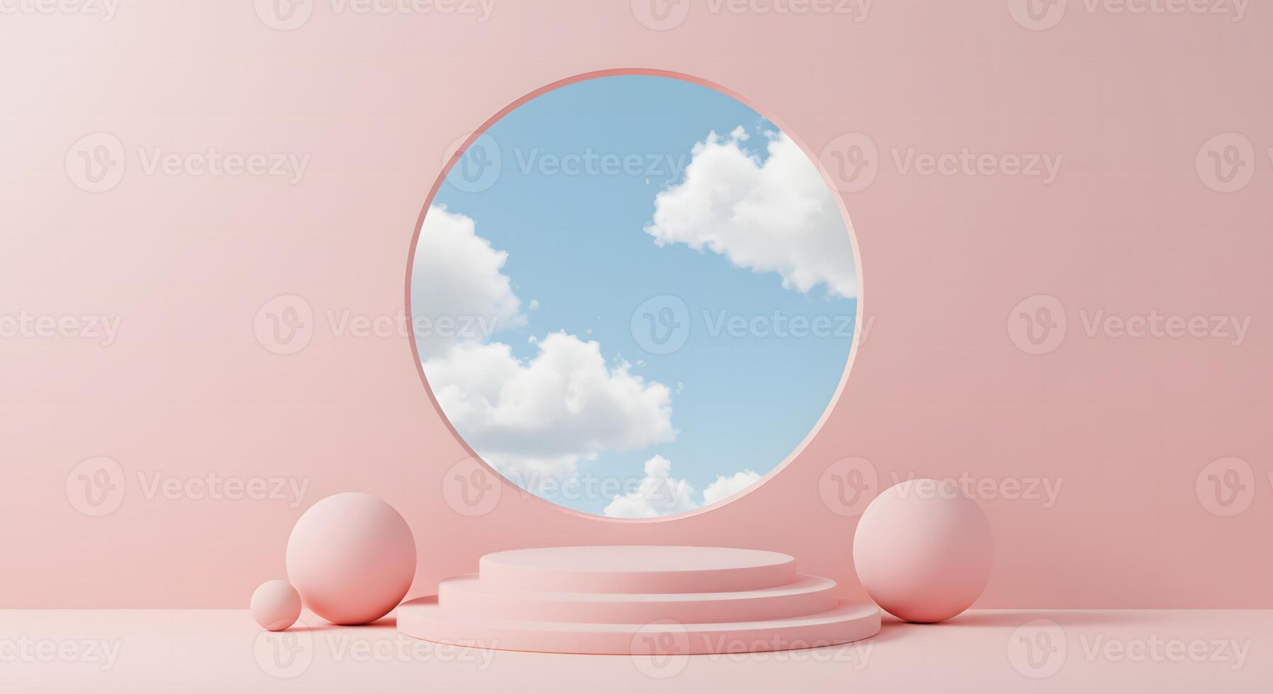 Minimalist pink stage with spheres and circular window revealing a cloudy sky photo