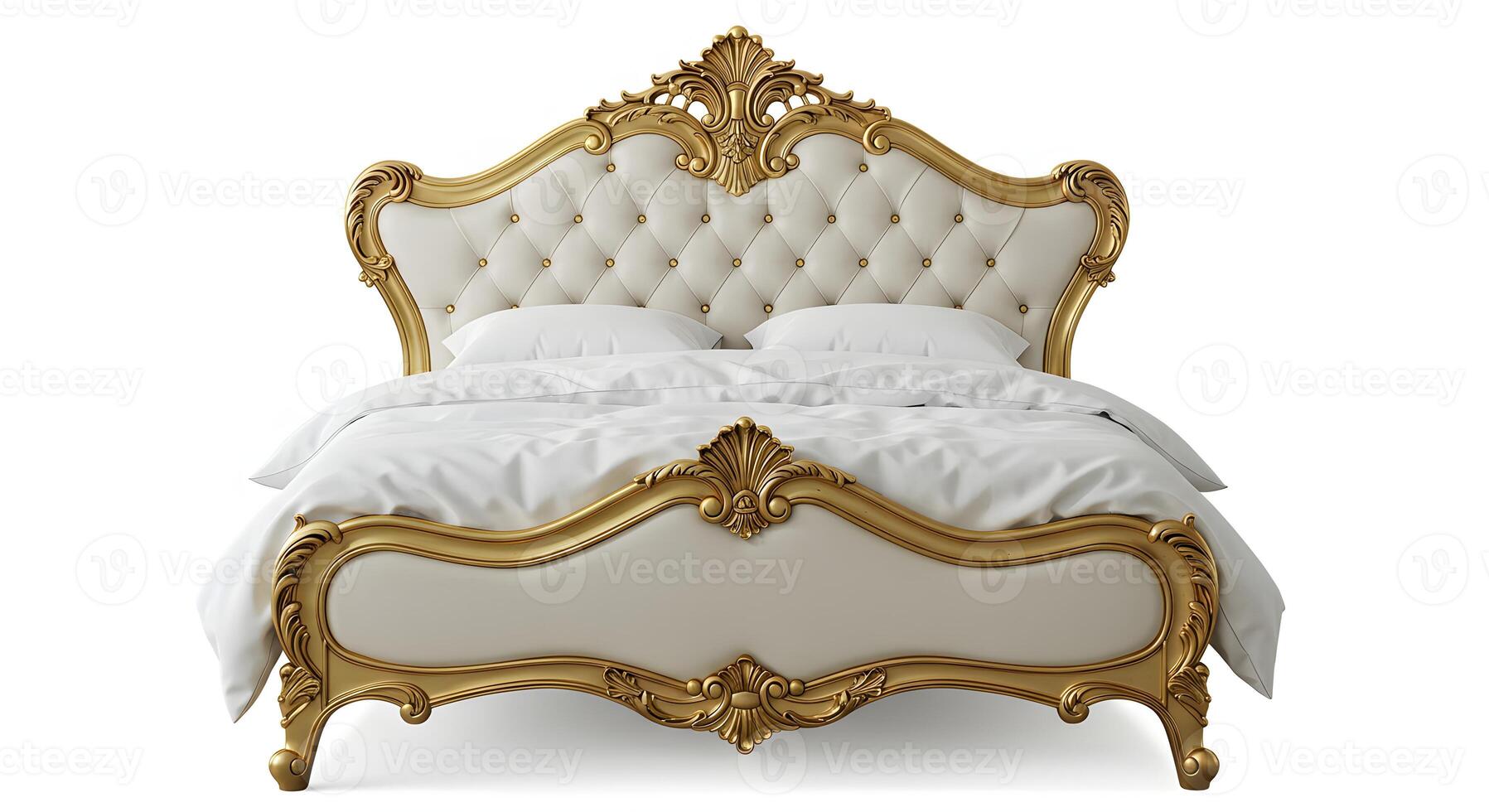 Luxurious ornate gold carved bed frame with tufted white upholstery and crisp white bedding photo