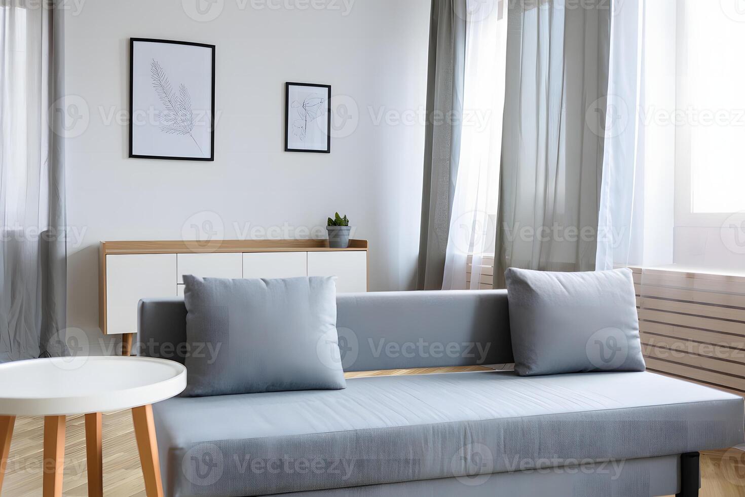 Modern living room with grey sofa white cabinet and minimalist wall art photo