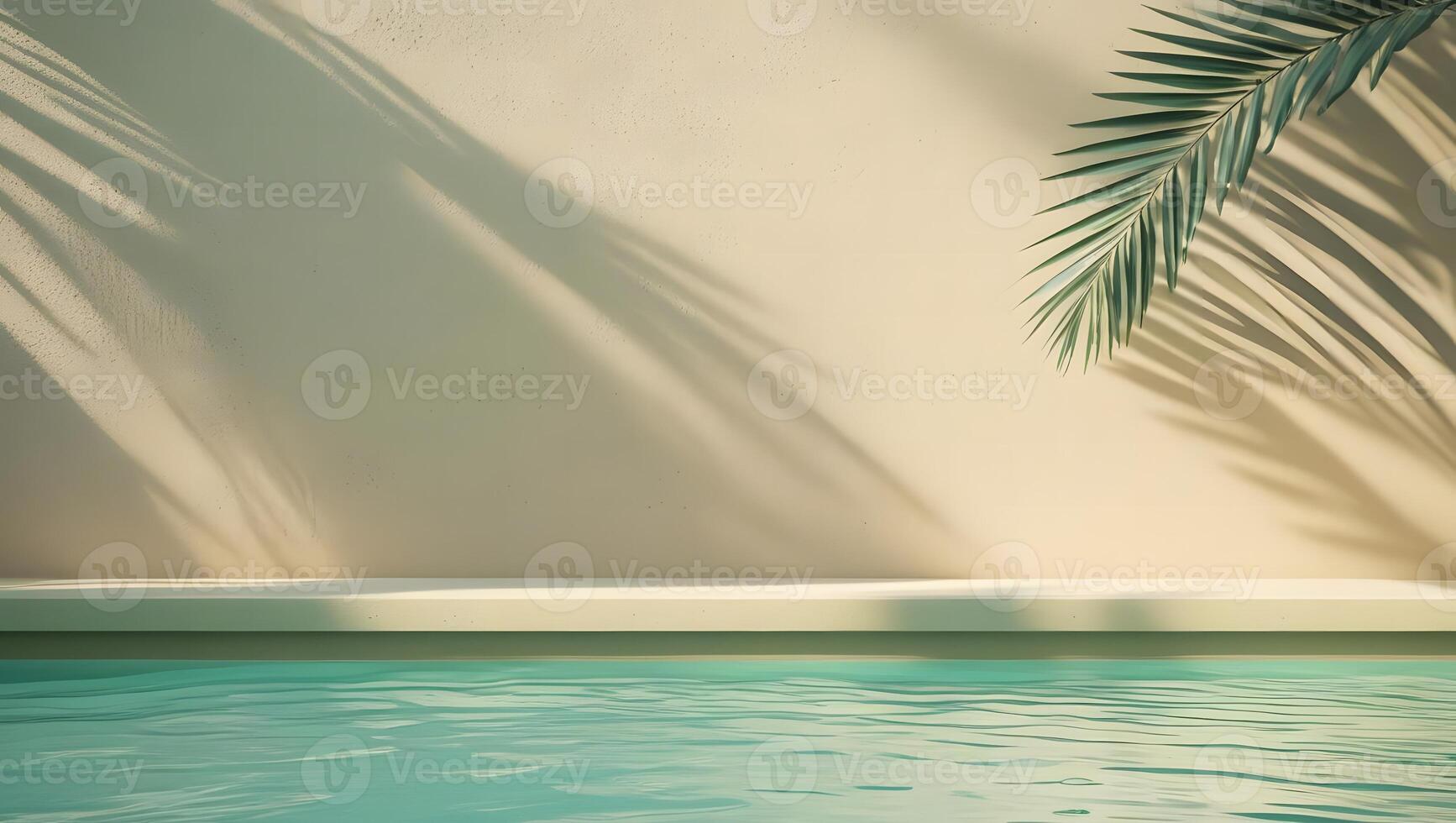 Palm leaf shadows cast on a neutral wall above a tranquil swimming pool photo