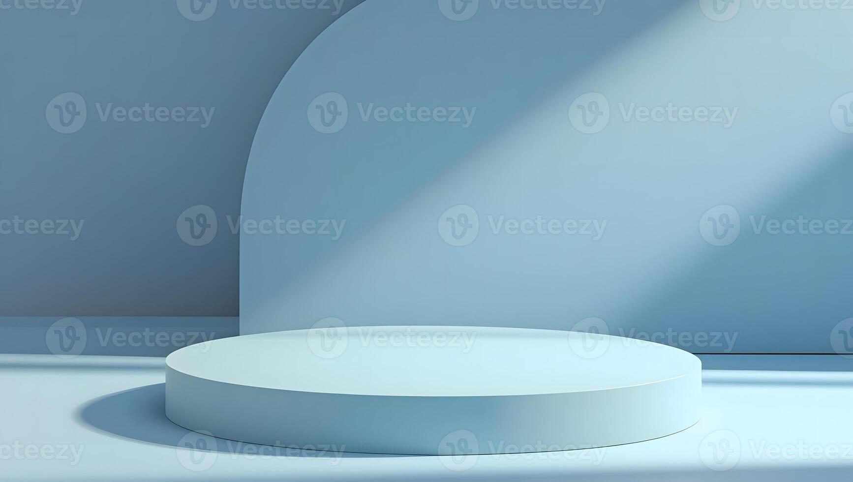 Minimalist blue stage with geometric arch and soft light casting shadows for product display photo