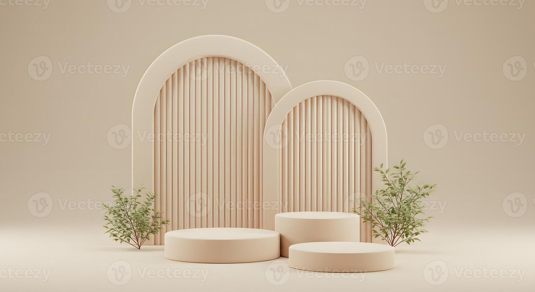 Minimalist beige podiums with arched fluted backdrops and green foliage for product display photo