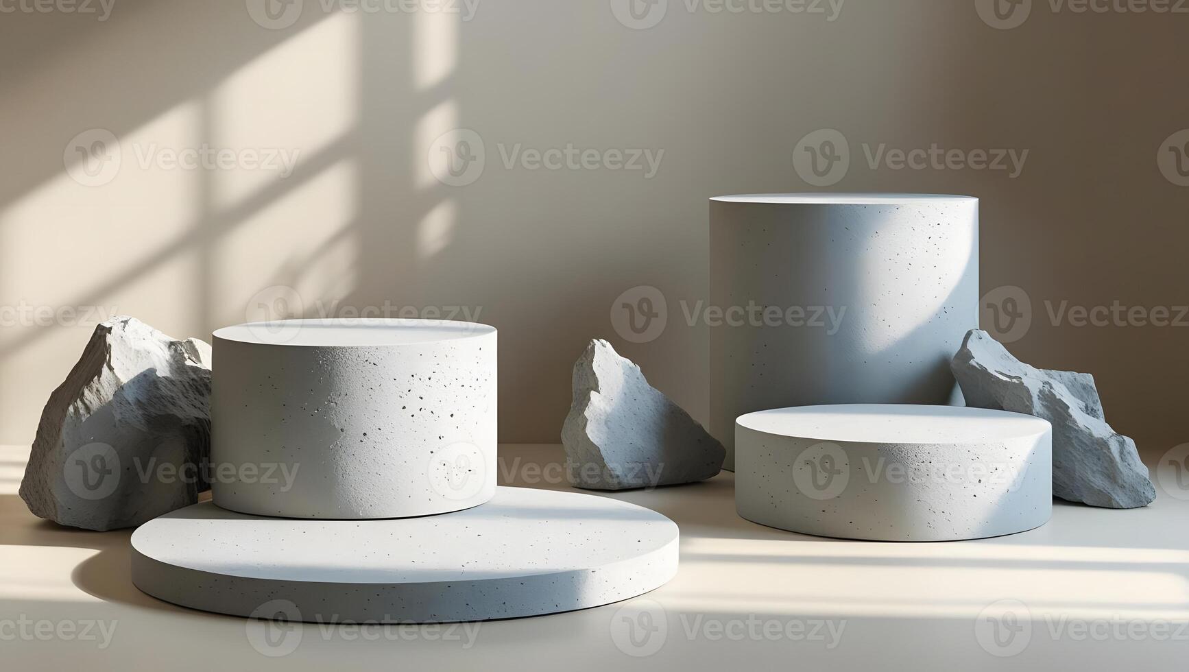 Minimalist scene with concrete cylinders and rough stone elements with soft light and shadow photo