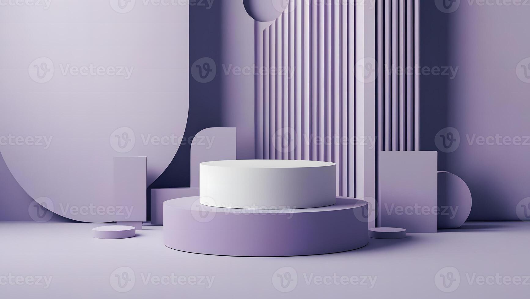 Minimalist abstract geometric background with purple and white podiums for product display photo