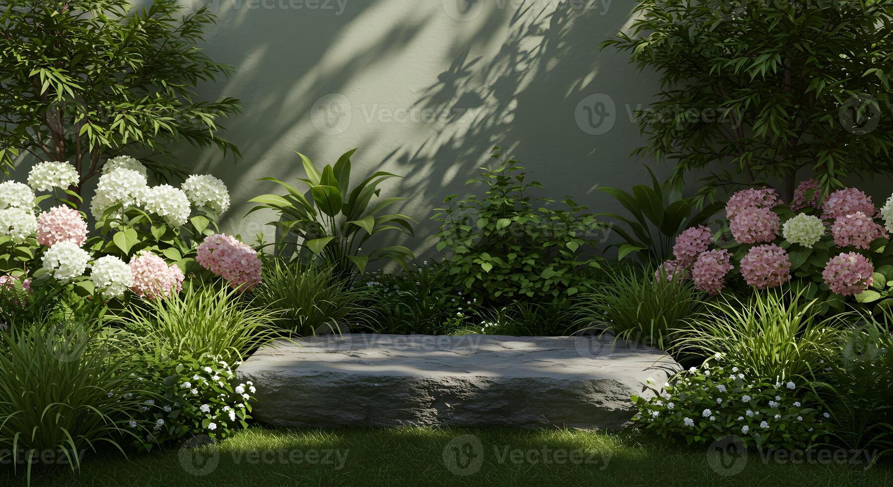 Natural stone pedestal surrounded by lush green foliage and blooming hydrangeas in a garden setting photo
