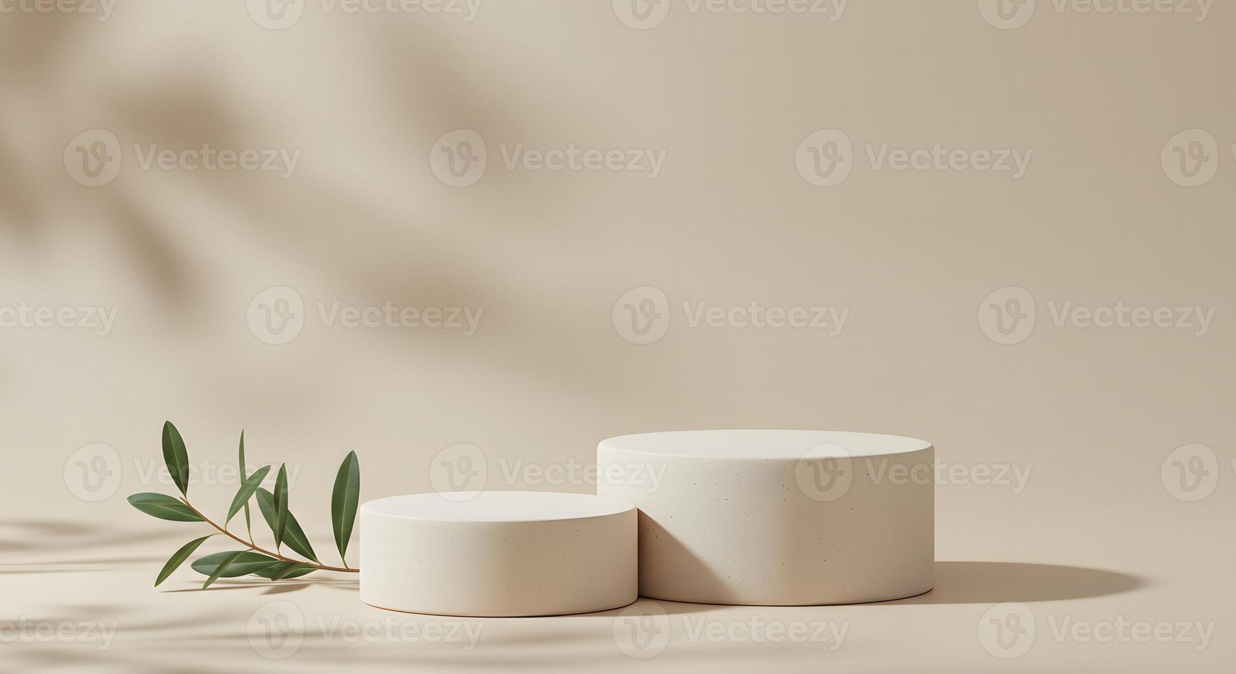 Minimalist beige podiums with green leaves and soft shadow overlay for product display photo
