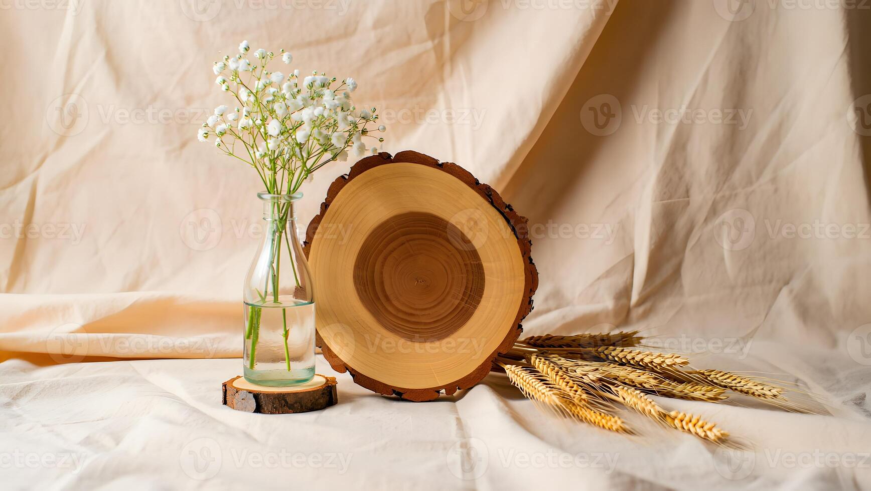 Delicate white baby s breath flowers in a glass vase with a wooden slice and wheat stalks photo