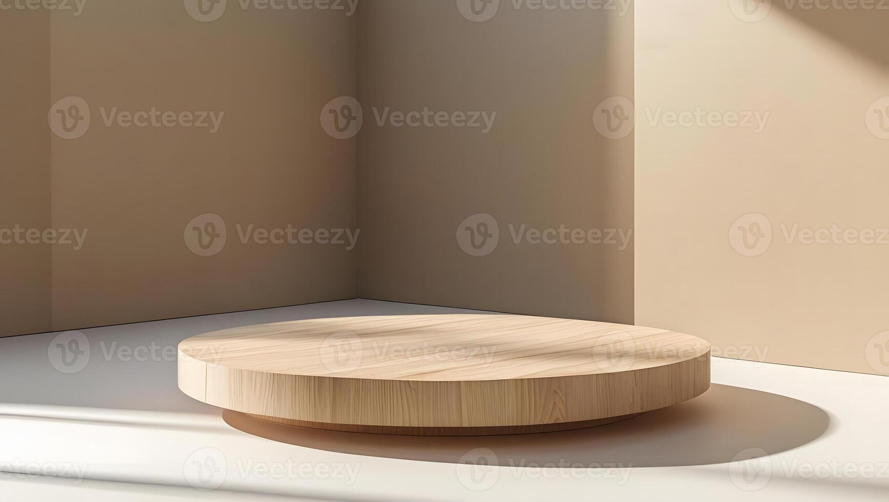 Minimalist wooden podium in a neutral corner with soft natural light and shadows photo