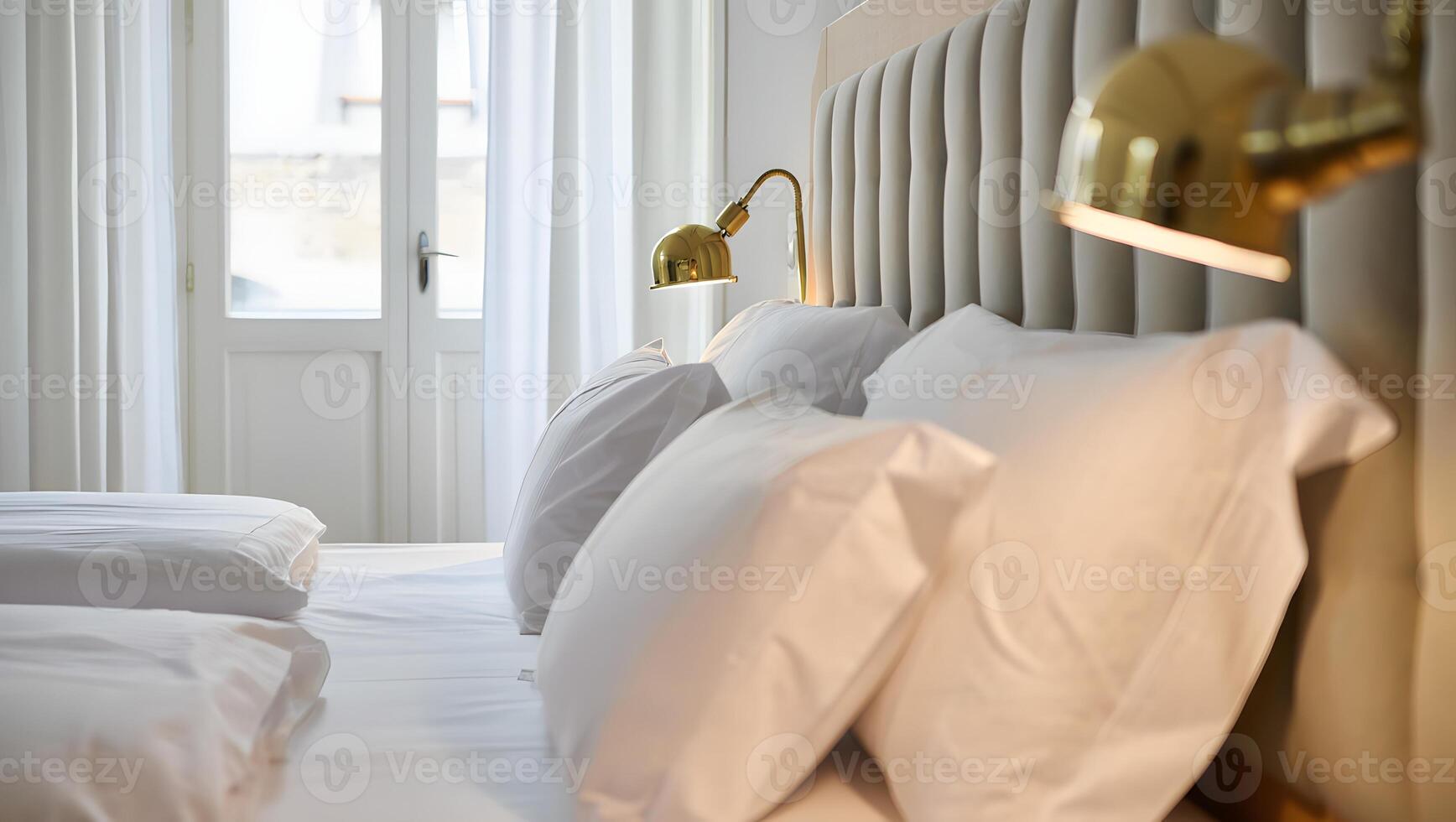 Comfortable hotel bed with crisp white linens and stylish brass bedside lamps photo