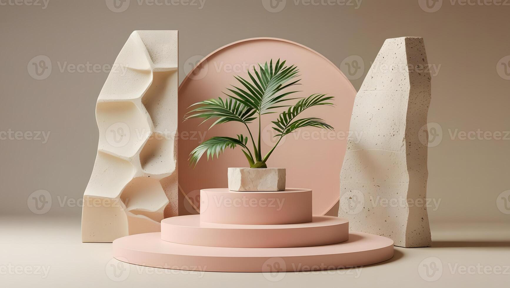 Minimalist scene with textured geometric shapes and a potted palm plant on a pink podium photo