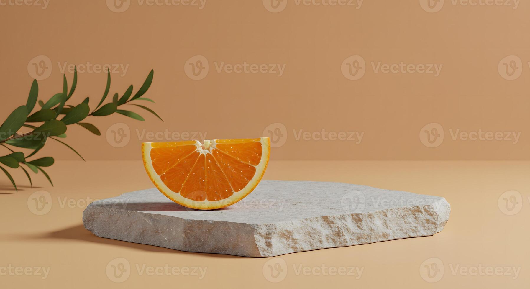Fresh orange slice on textured stone pedestal with green leaves and soft lighting photo