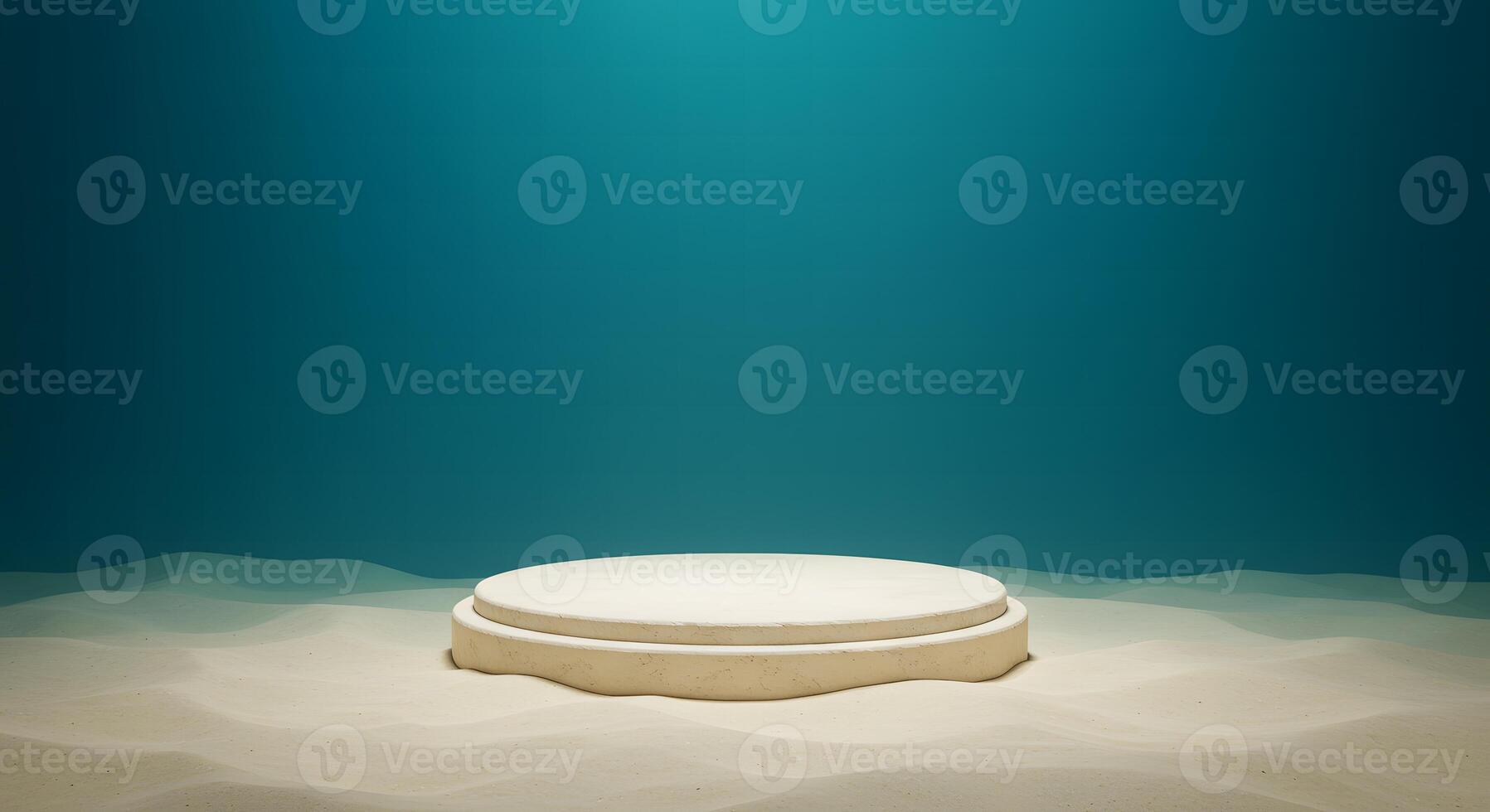 Empty circular stage pedestal on sandy seabed with underwater teal background and soft lighting photo