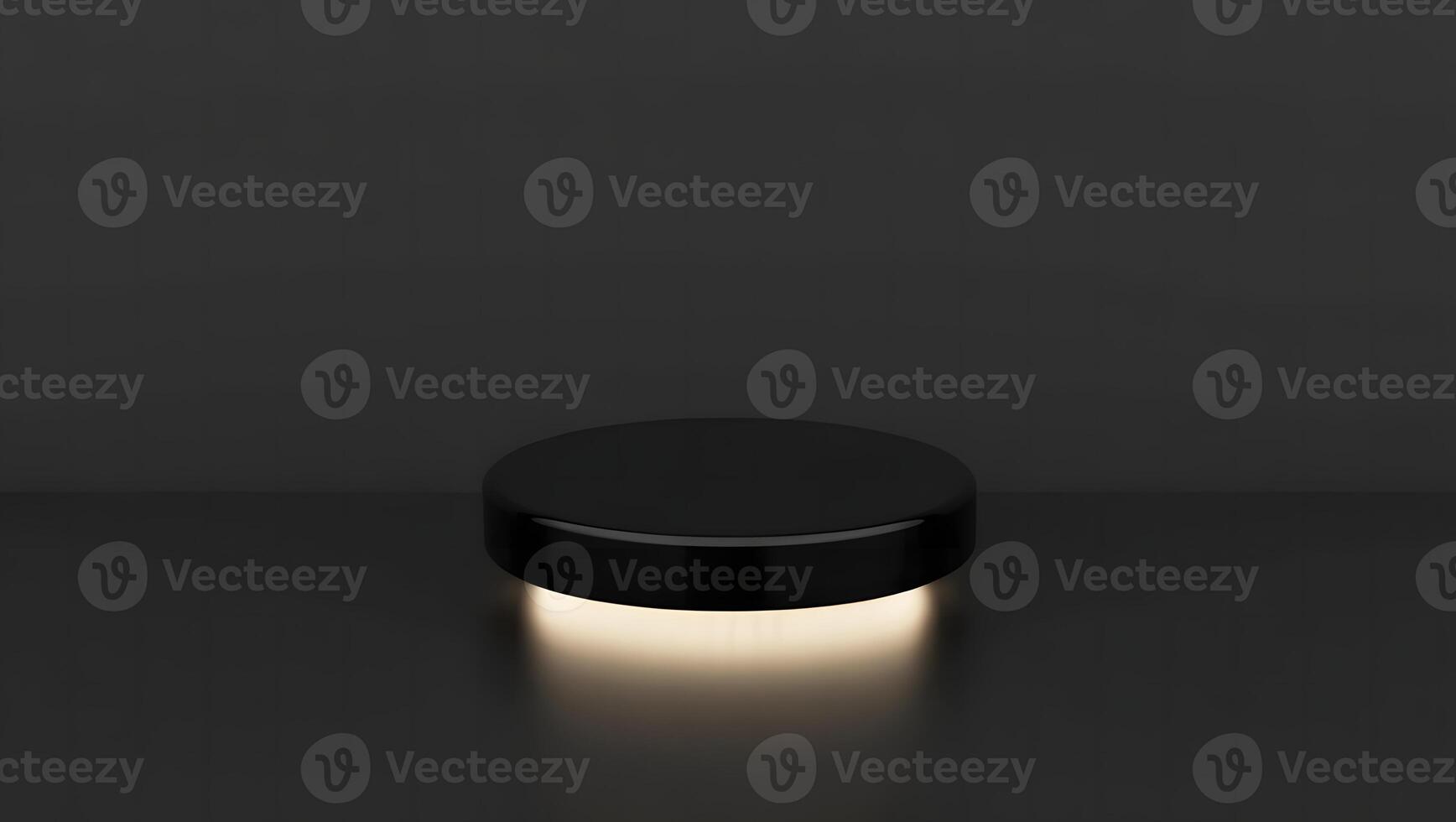 Minimalist black cylinder podium with warm light emanating from beneath on a dark background photo