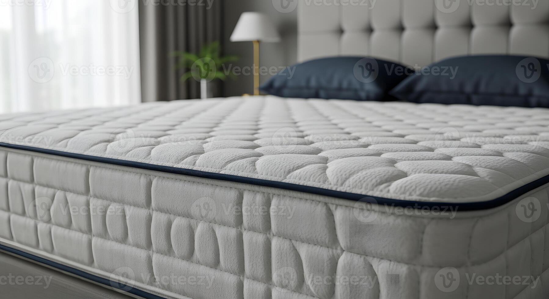 Comfortable white mattress with quilted surface and navy blue trim on a bed with pillows photo