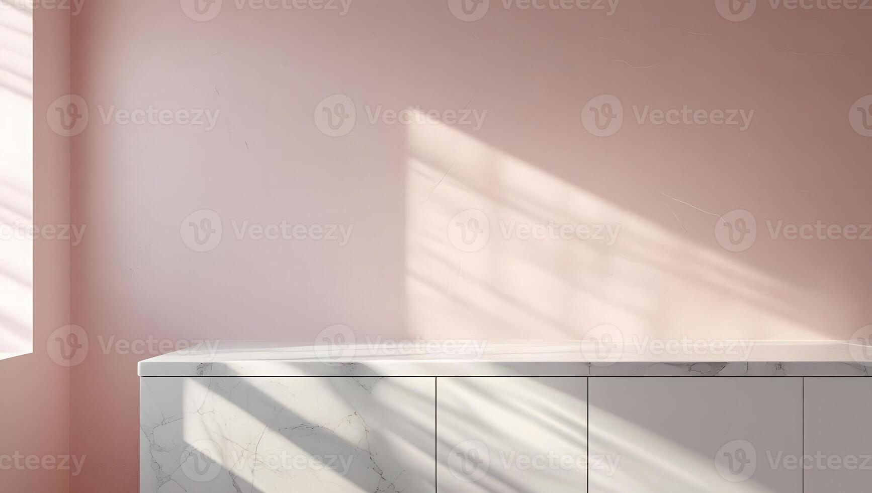 Soft pink wall with marble countertop and dappled sunlight creating a serene and modern interior scene photo