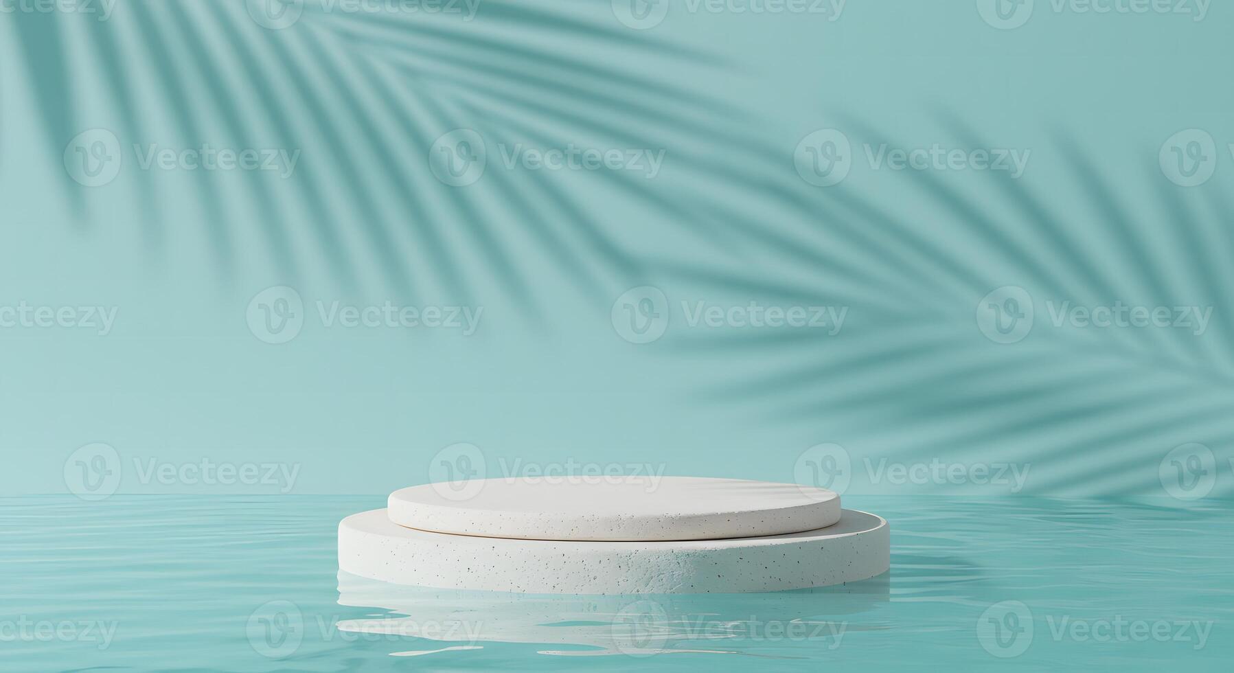 Minimalist white podium on rippling water with palm leaf shadows photo