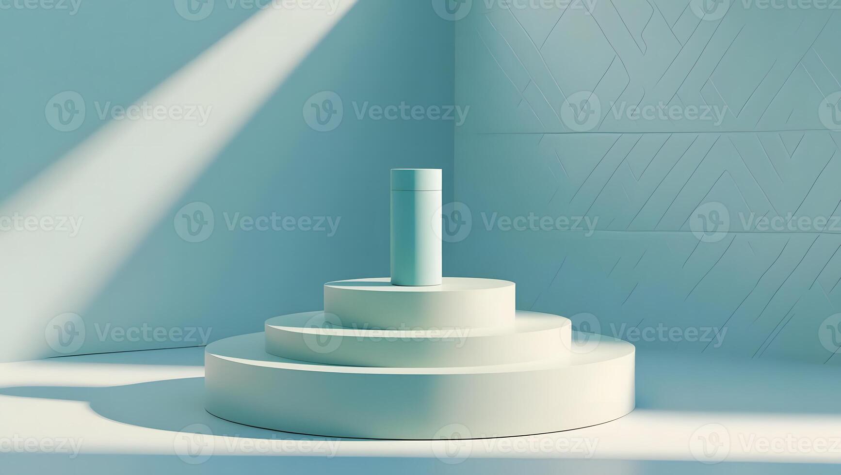 Minimalist product display with a single cylinder on a tiered pedestal under dramatic lighting photo