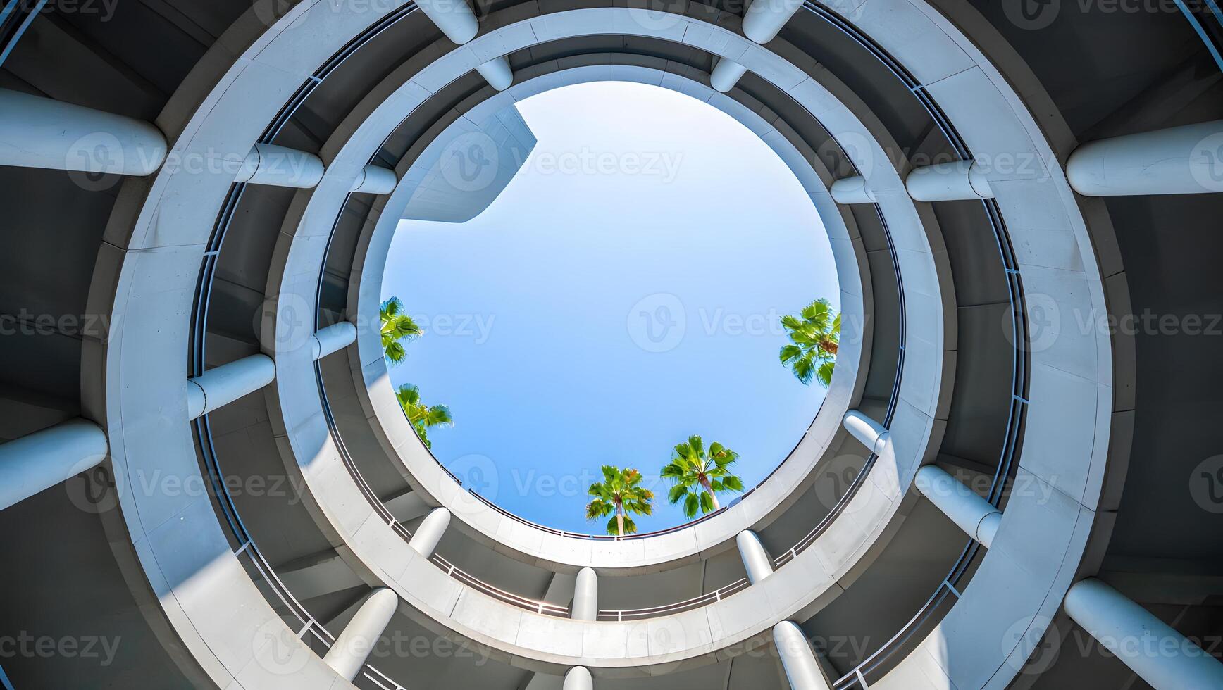 A circular building with palm trees in the sky photo