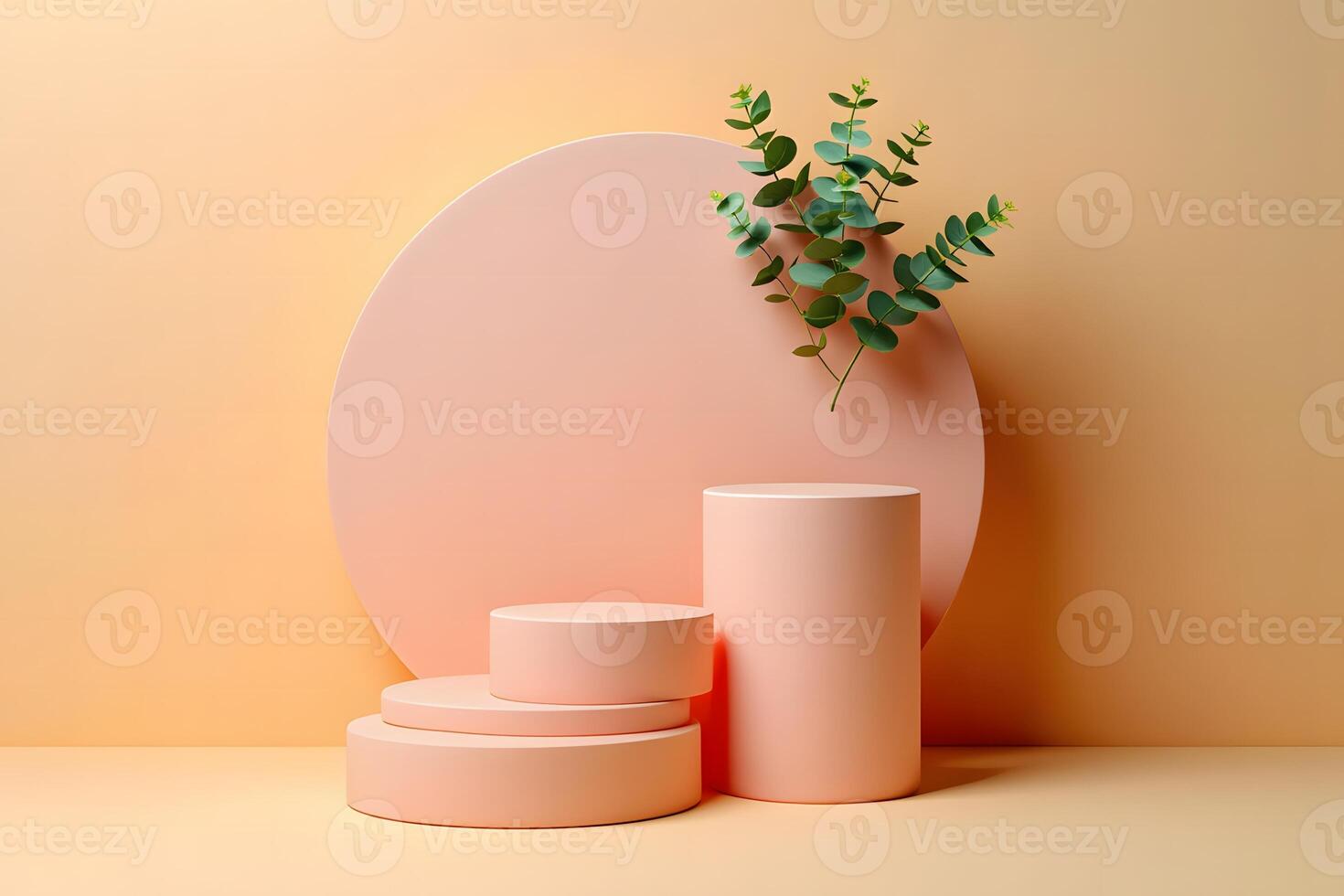 Minimalist scene with peach colored geometric podiums and eucalyptus branches on a soft peach background photo