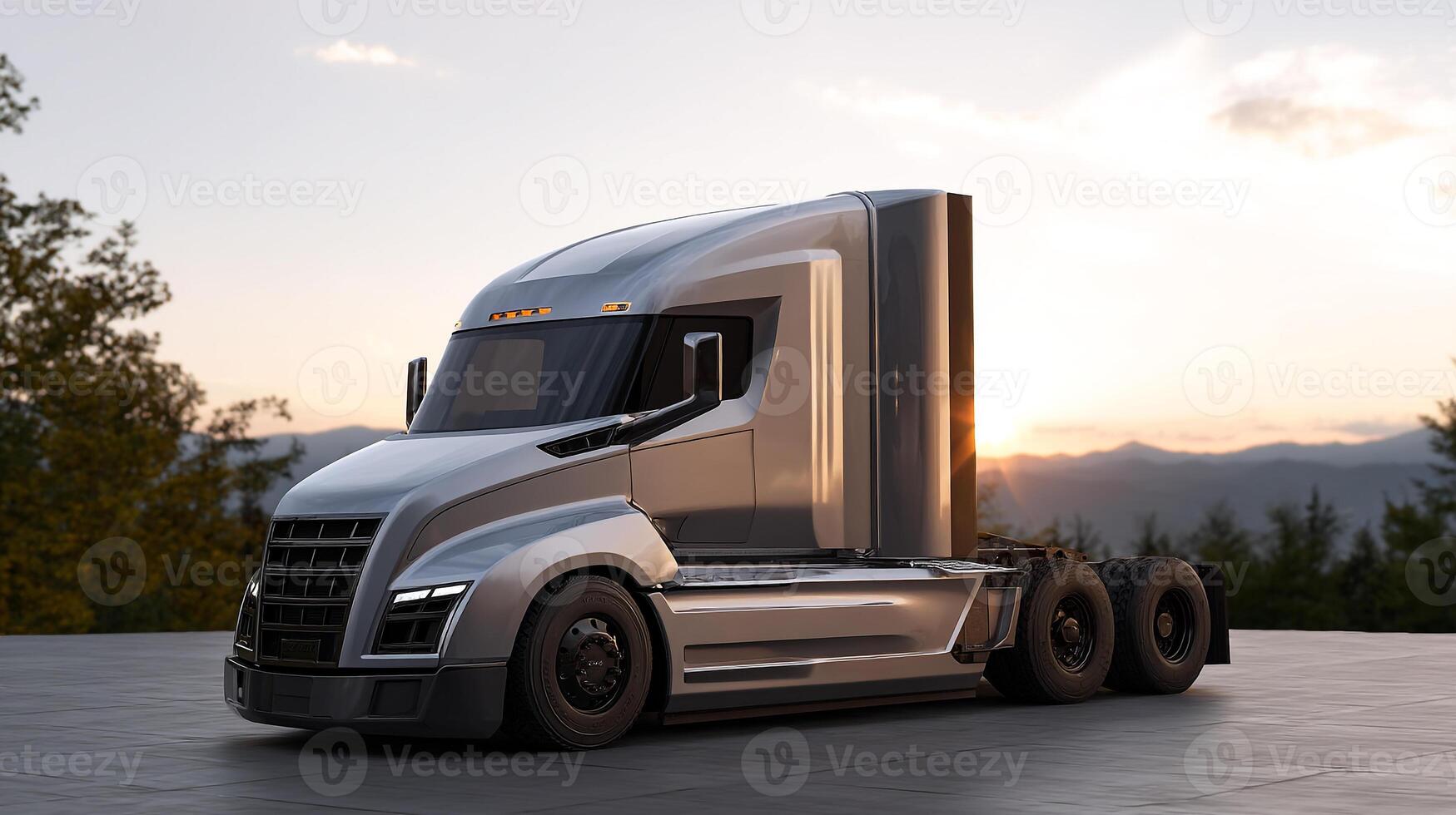 Modern electric truck with sunset mountain background for industrial advancements photo