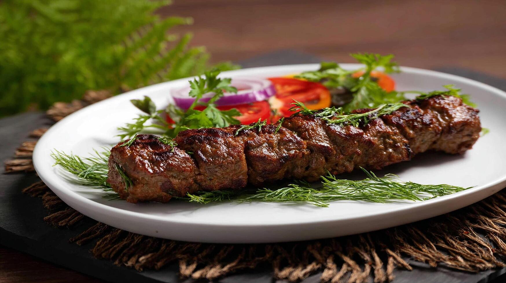 Delicious beef kebab plated with salad and dill garnish, culinary delight photo