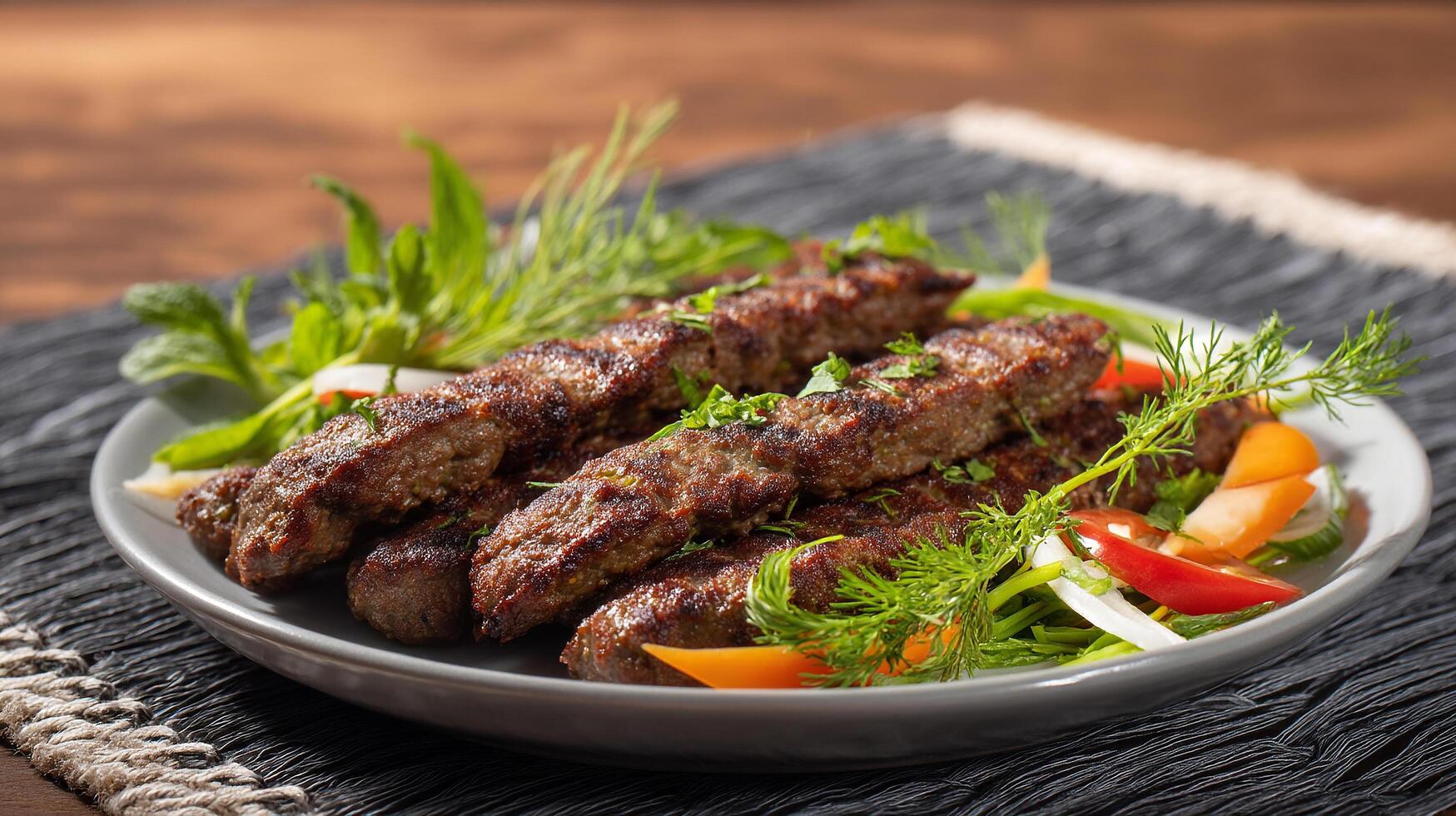 Grilled Kabobs with Fresh Herbs and Colorful Vegetables on Platter photo