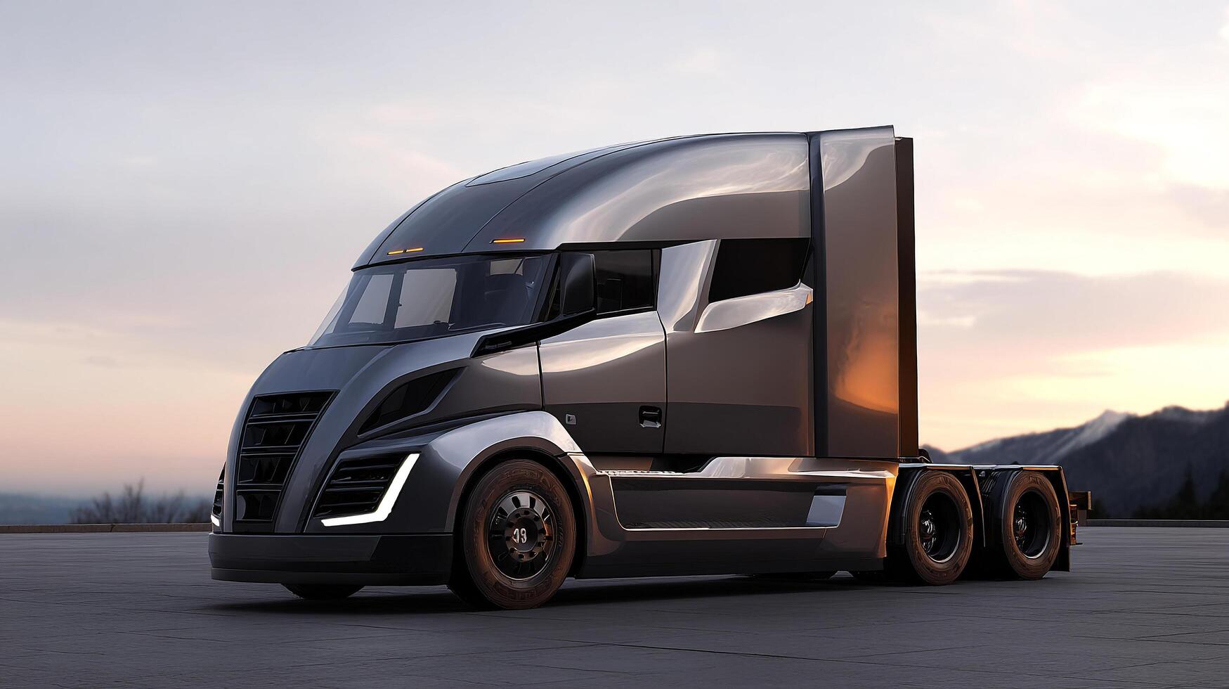 Sleek futuristic semi truck rendering against a serene sunset backdrop image photo